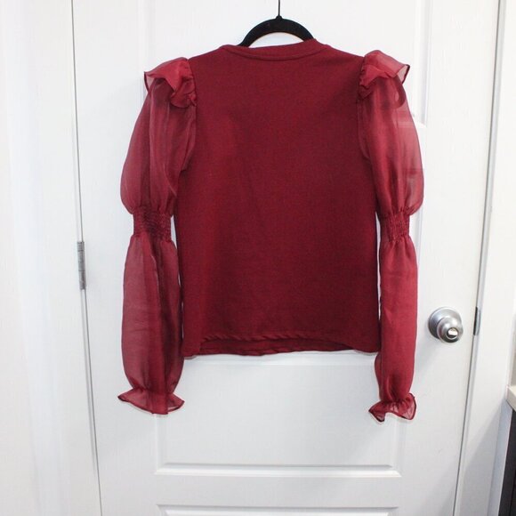 By Anthropologie Ruffled Puff-Sleeve Blouse Burgundy XXS - Picture 3 of 3